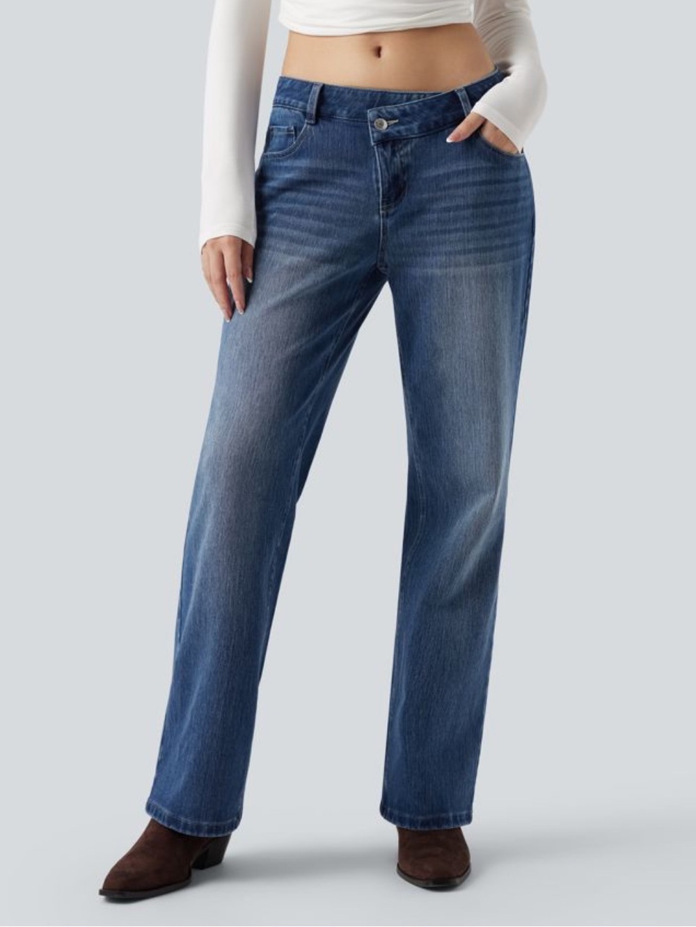NWOT Halara Dark Wash Flex Asymmetric Low Rise Straight Leg Jeans
